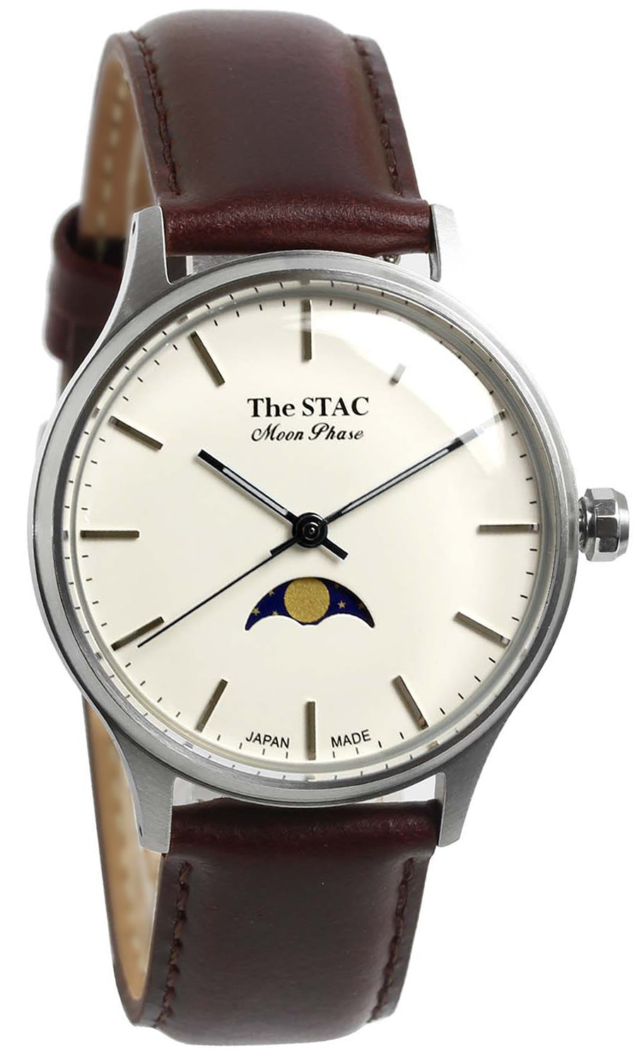 Classic Moonphase 36mm Moonphase Bar Index White Dial Brown Smooth Leather