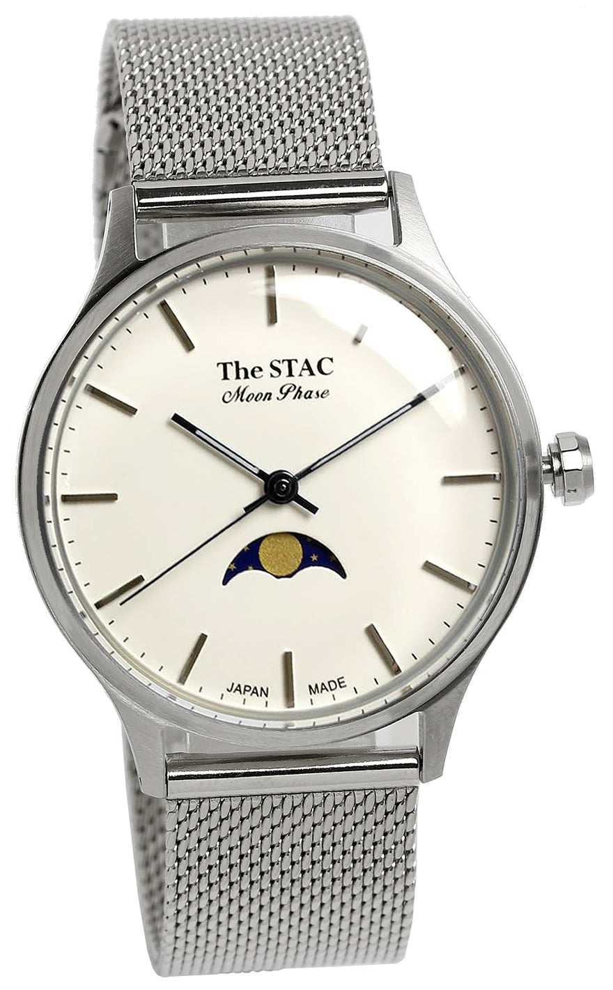Classic Moonphase 36mm Moonphase Bar Index White Dial Stainless Steel Mesh Strap