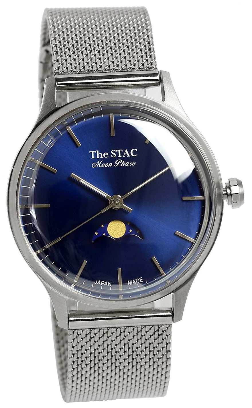 Classic Moonphase 36mm Moonphase Bar Index Blue Dial Stainless Steel Mesh Strap